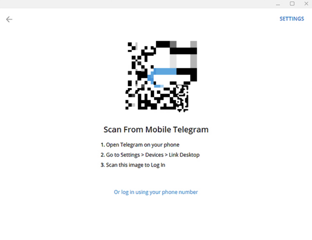 바코드 스캔 이미지. 텔레그램 모바일 앱 실행 > 설정에서 디바이스 선택 > 데스크탑 링크 > 표시된 바코드를 스캔